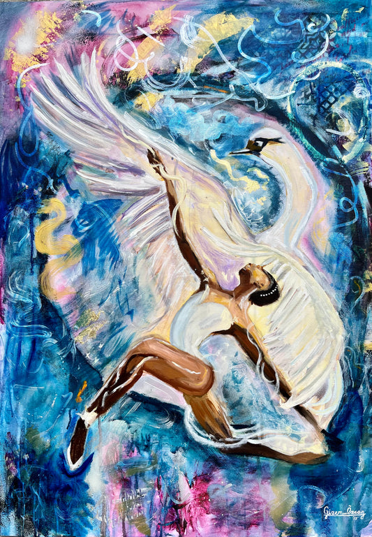 ballerina and swan mixed media and oil painting